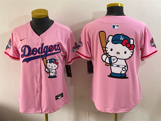 Youth Los Angeles Dodgers Team Big Logo Pink Hello Kitty Night 2025 World Series Champions Patch Stitched Baseball Jersey Youth Los Angeles Dodgers Team Big Logo Pink Hello Kitty Night 2025 World Series Champions Patch Stitched Baseball Jersey
